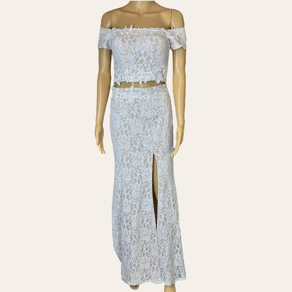 Sequin Hearts SZ XS Off White Two Piece Glitter Lace Gown Dress Lined Embroidery - Picture 2 of 16